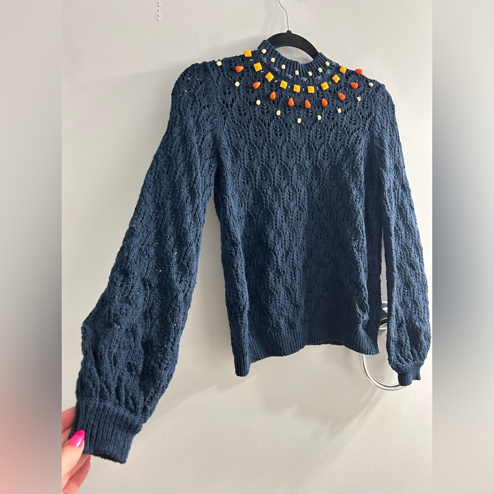 Sezane Dark Blue Sweater with Bright Accents - Picture 2 of 8